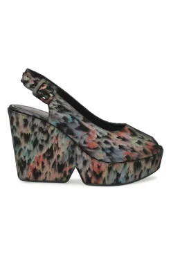 Black degradé rainbow fabric and leather peep-toe slingback platform wedges