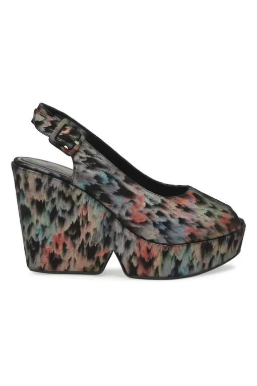Black degradé rainbow fabric and leather peep-toe slingback platform wedges