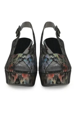 Black degradé rainbow fabric and leather peep-toe slingback platform wedges