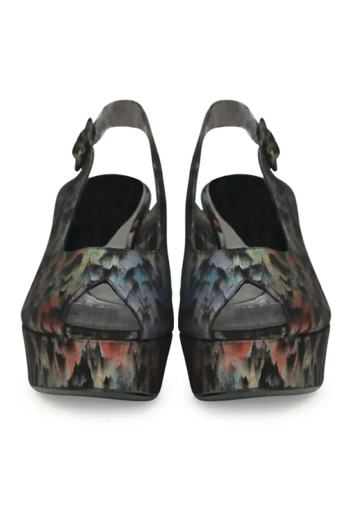 Black degradé rainbow fabric and leather peep-toe slingback platform wedges