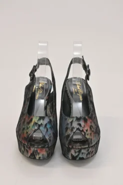 Black degradé rainbow fabric and leather peep-toe slingback platform wedges