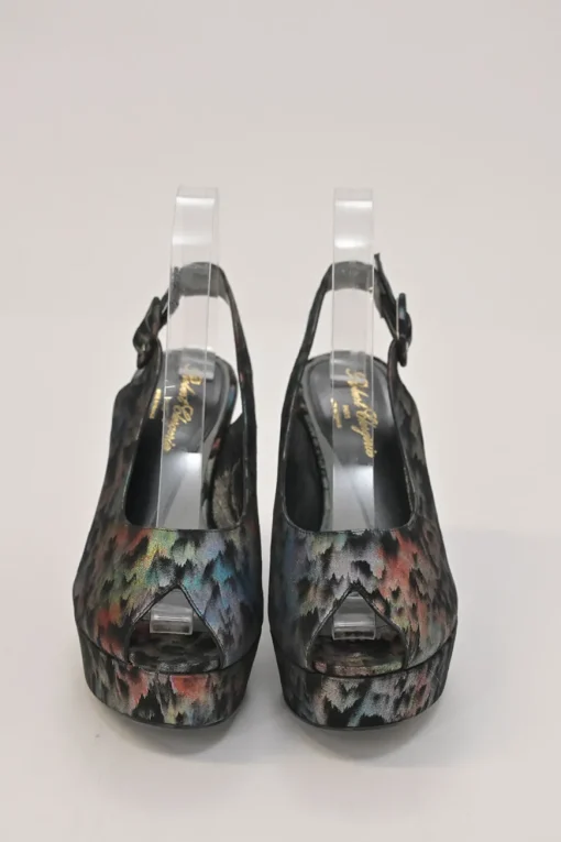 Black degradé rainbow fabric and leather peep-toe slingback platform wedges
