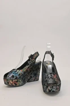 Black degradé rainbow fabric and leather peep-toe slingback platform wedges