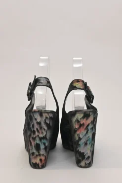 Black degradé rainbow fabric and leather peep-toe slingback platform wedges
