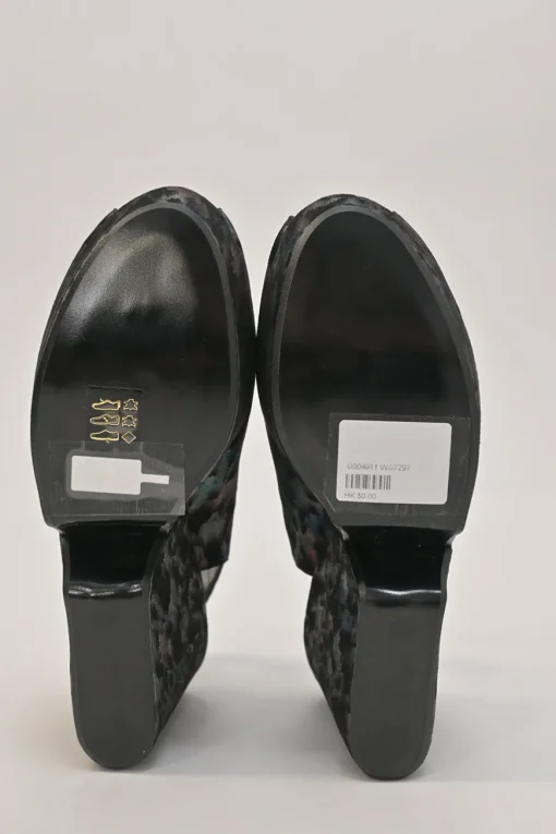 Black degradé rainbow fabric and leather peep-toe slingback platform wedges