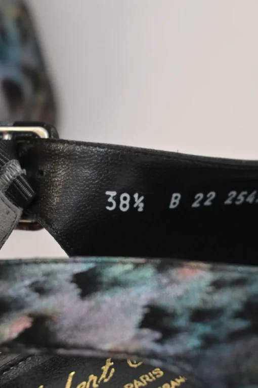 Black degradé rainbow fabric and leather peep-toe slingback platform wedges