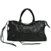 Black distressed lambskin leather Work Bag with detachable shoulder strap
