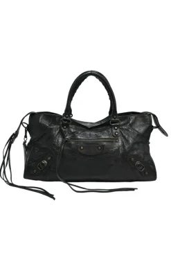 Black distressed lambskin leather Work Bag with detachable shoulder strap
