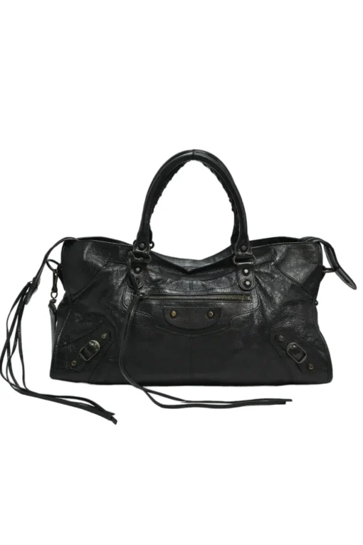 Black distressed lambskin leather Work Bag with detachable shoulder strap