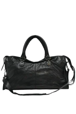 Black distressed lambskin leather Work Bag with detachable shoulder strap
