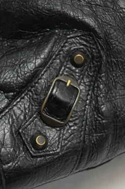 Black distressed lambskin leather Work Bag with detachable shoulder strap