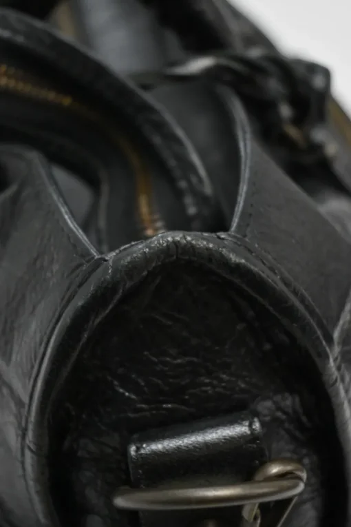 Black distressed lambskin leather Work Bag with detachable shoulder strap