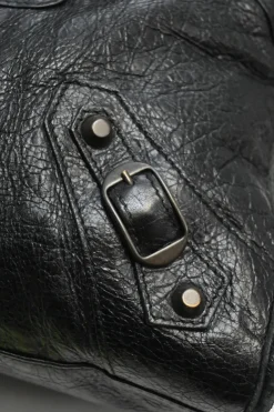 Black distressed lambskin leather Work Bag with detachable shoulder strap
