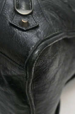 Black distressed lambskin leather Work Bag with detachable shoulder strap