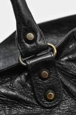 Black distressed lambskin leather Work Bag with detachable shoulder strap