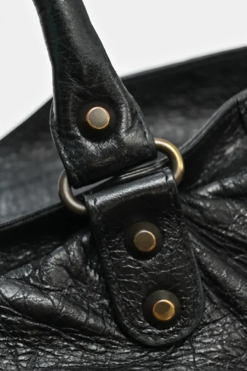 Black distressed lambskin leather Work Bag with detachable shoulder strap