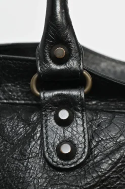Black distressed lambskin leather Work Bag with detachable shoulder strap