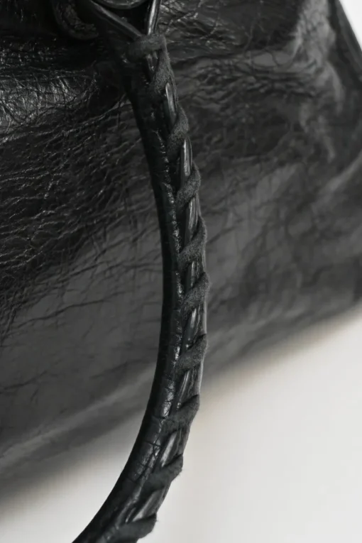 Black distressed lambskin leather Work Bag with detachable shoulder strap