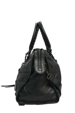 Black distressed lambskin leather Work Bag with detachable shoulder strap