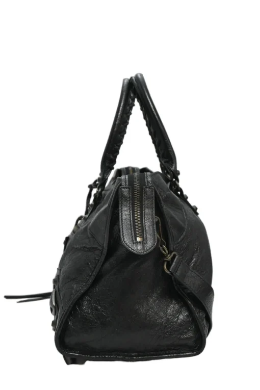 Black distressed lambskin leather Work Bag with detachable shoulder strap