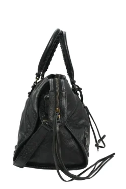 Black distressed lambskin leather Work Bag with detachable shoulder strap