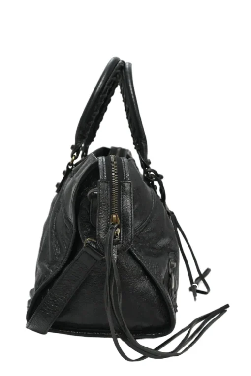Black distressed lambskin leather Work Bag with detachable shoulder strap