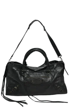 Black distressed lambskin leather Work Bag with detachable shoulder strap