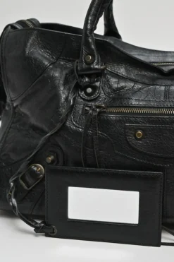 Black distressed lambskin leather Work Bag with detachable shoulder strap