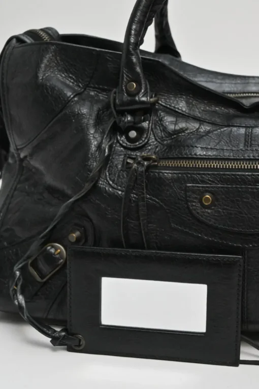 Black distressed lambskin leather Work Bag with detachable shoulder strap