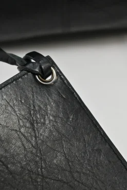 Black distressed lambskin leather Work Bag with detachable shoulder strap