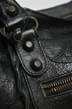 Black distressed lambskin leather Work Bag with detachable shoulder strap