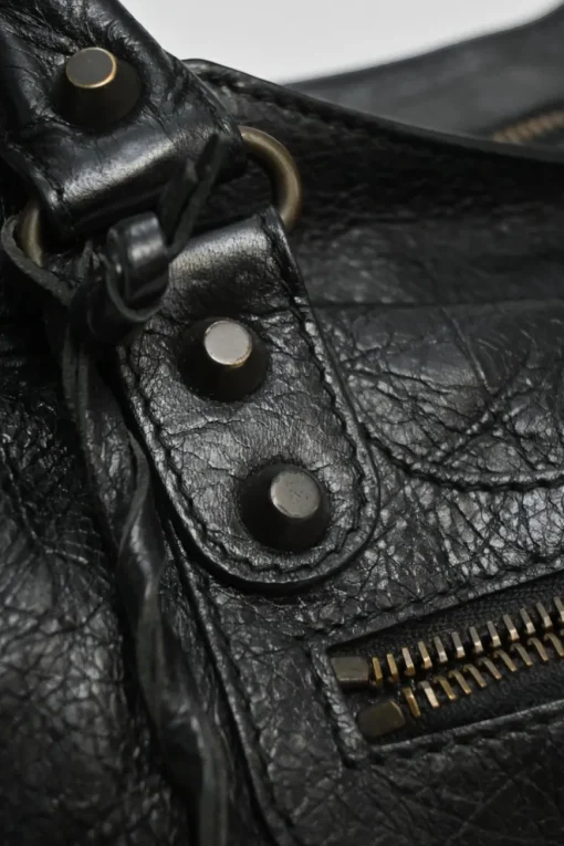 Black distressed lambskin leather Work Bag with detachable shoulder strap