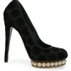 Black dot devoré velvet fabric and leather Casati round-toe platform pumps with faux-pearl embellished platform