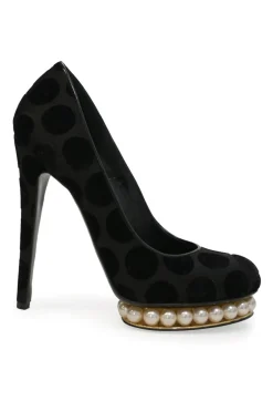 Black dot devoré velvet fabric and leather Casati round-toe platform pumps with faux-pearl embellished platform