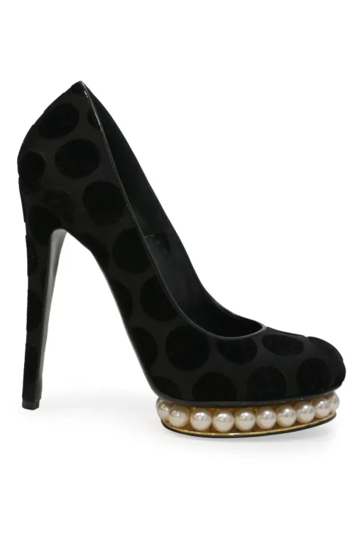 Black dot devoré velvet fabric and leather Casati round-toe platform pumps with faux-pearl embellished platform