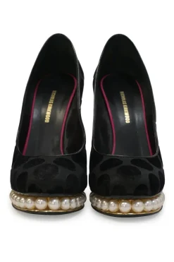 Black dot devoré velvet fabric and leather Casati round-toe platform pumps with faux-pearl embellished platform