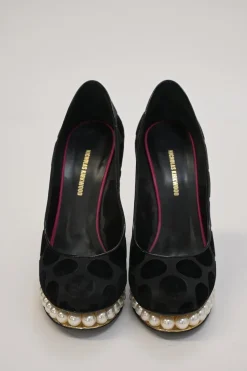 Black dot devoré velvet fabric and leather Casati round-toe platform pumps with faux-pearl embellished platform