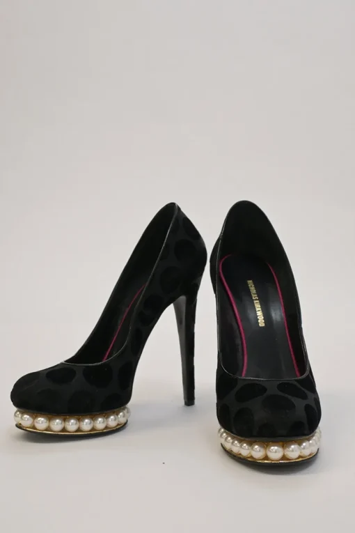 Black dot devoré velvet fabric and leather Casati round-toe platform pumps with faux-pearl embellished platform