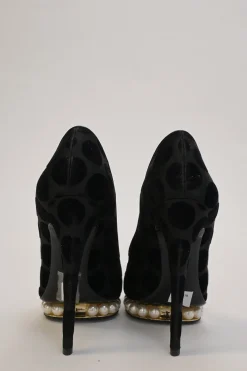 Black dot devoré velvet fabric and leather Casati round-toe platform pumps with faux-pearl embellished platform