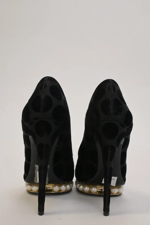 Black dot devoré velvet fabric and leather Casati round-toe platform pumps with faux-pearl embellished platform