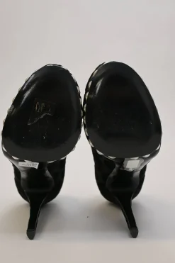 Black dot devoré velvet fabric and leather Casati round-toe platform pumps with faux-pearl embellished platform
