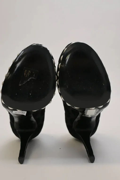 Black dot devoré velvet fabric and leather Casati round-toe platform pumps with faux-pearl embellished platform