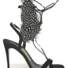 Black dot feather-trimmed suede Wing lace-up heeled sandals
