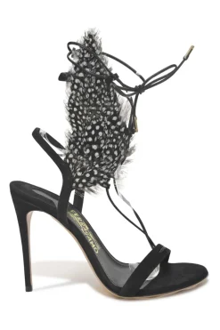 Black dot feather-trimmed suede Wing lace-up heeled sandals
