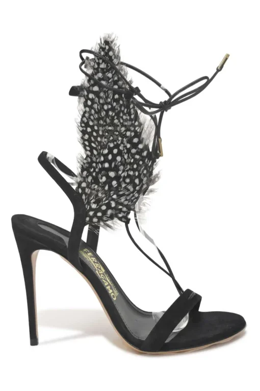 Black dot feather-trimmed suede Wing lace-up heeled sandals