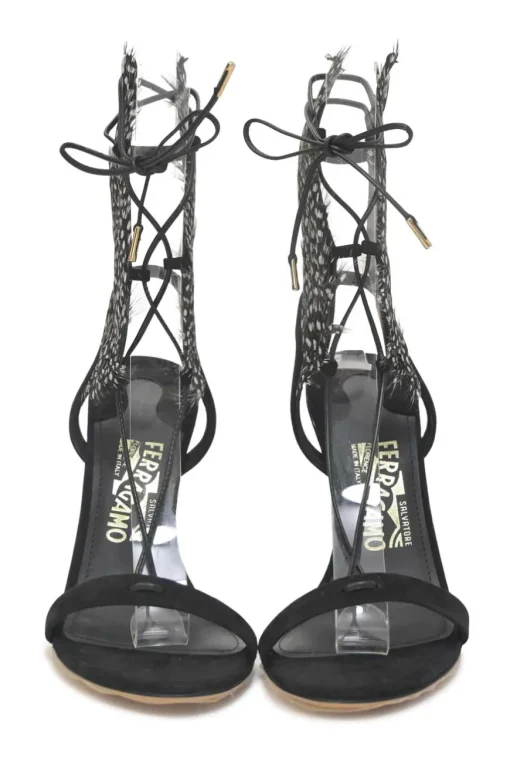 Black dot feather-trimmed suede Wing lace-up heeled sandals