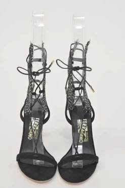 Black dot feather-trimmed suede Wing lace-up heeled sandals