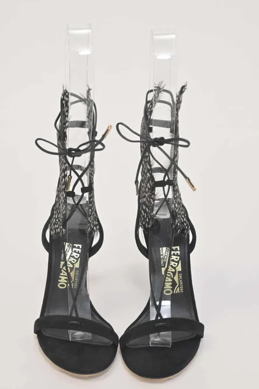 Black dot feather-trimmed suede Wing lace-up heeled sandals