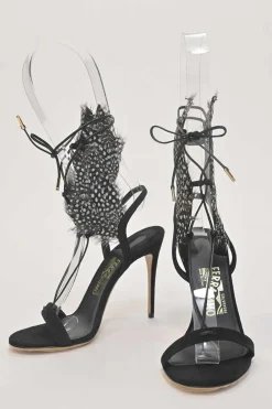 Black dot feather-trimmed suede Wing lace-up heeled sandals