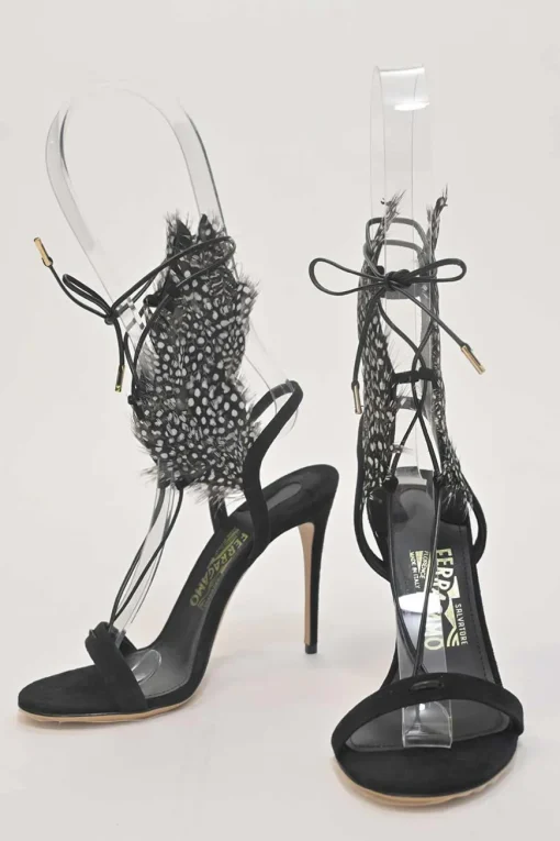 Black dot feather-trimmed suede Wing lace-up heeled sandals